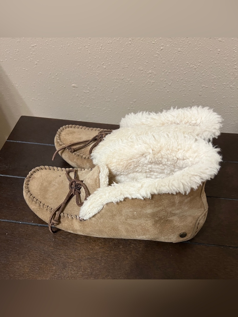 UGG Chestnut/Tan Suede Moccasin Slippers with Cream Shearling - Picture 4 of 7
